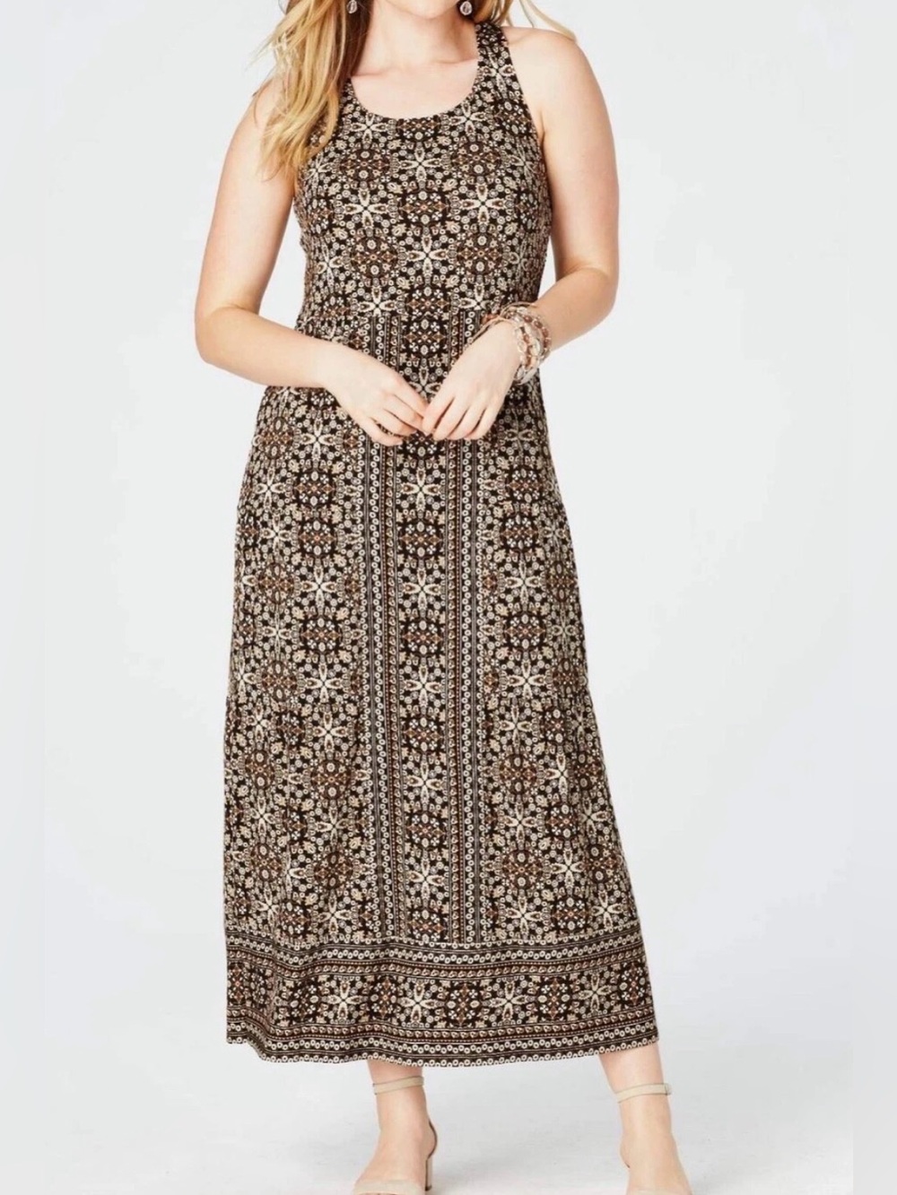 J. Jill Brown Cream Floral-Print Maxi Dress cross back casual boho layering L